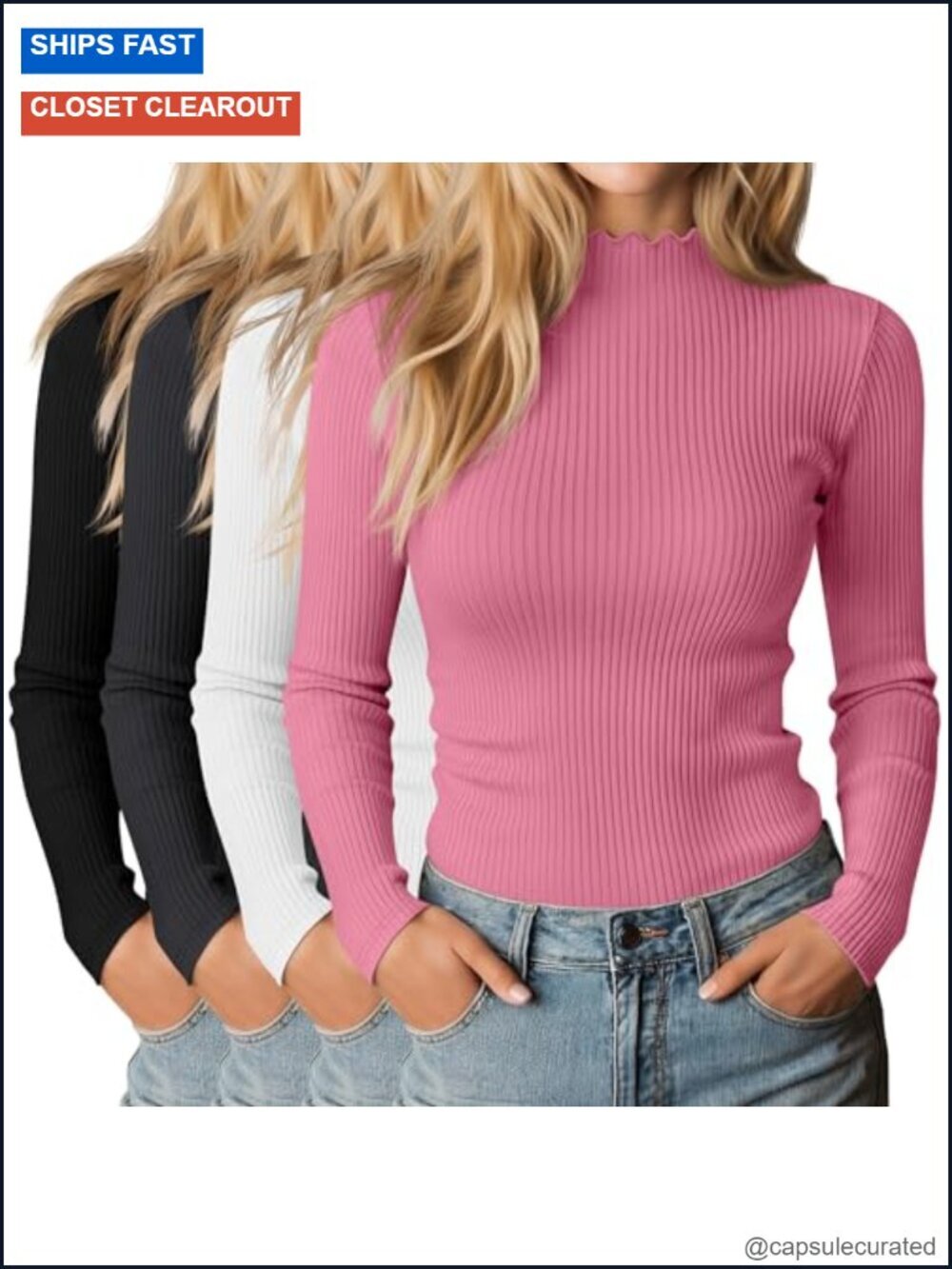 4 Pack Cotton Mock Turtleneck Long Sleeve Tops Ribbed Lettuce Trim Slim Fit